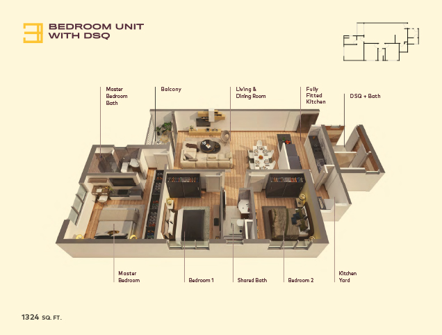 3 Bedroom Floor Plan with DSQ