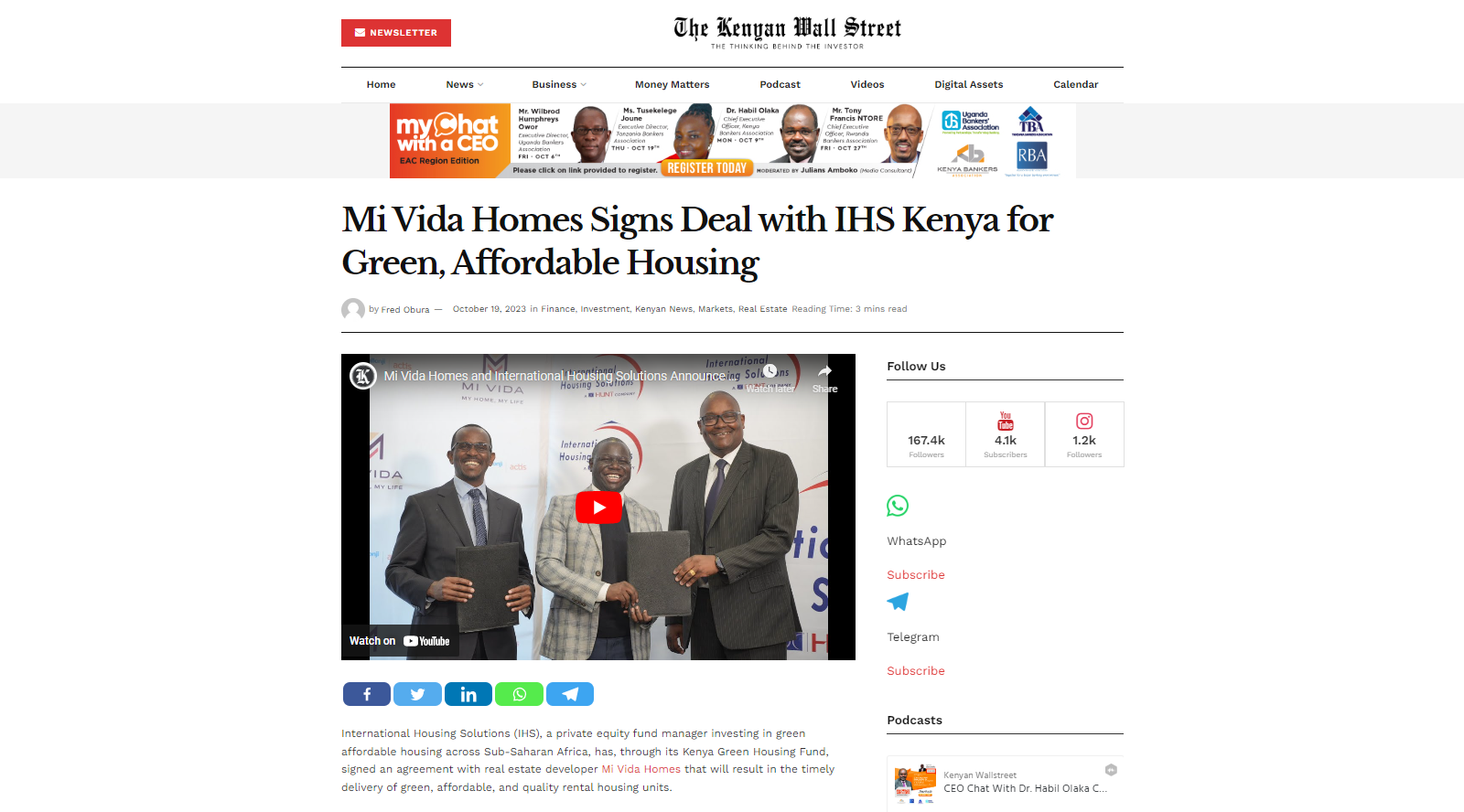 Mi Vida Homes Signs Deal with IHS Kenya for Green, Affordable Housing